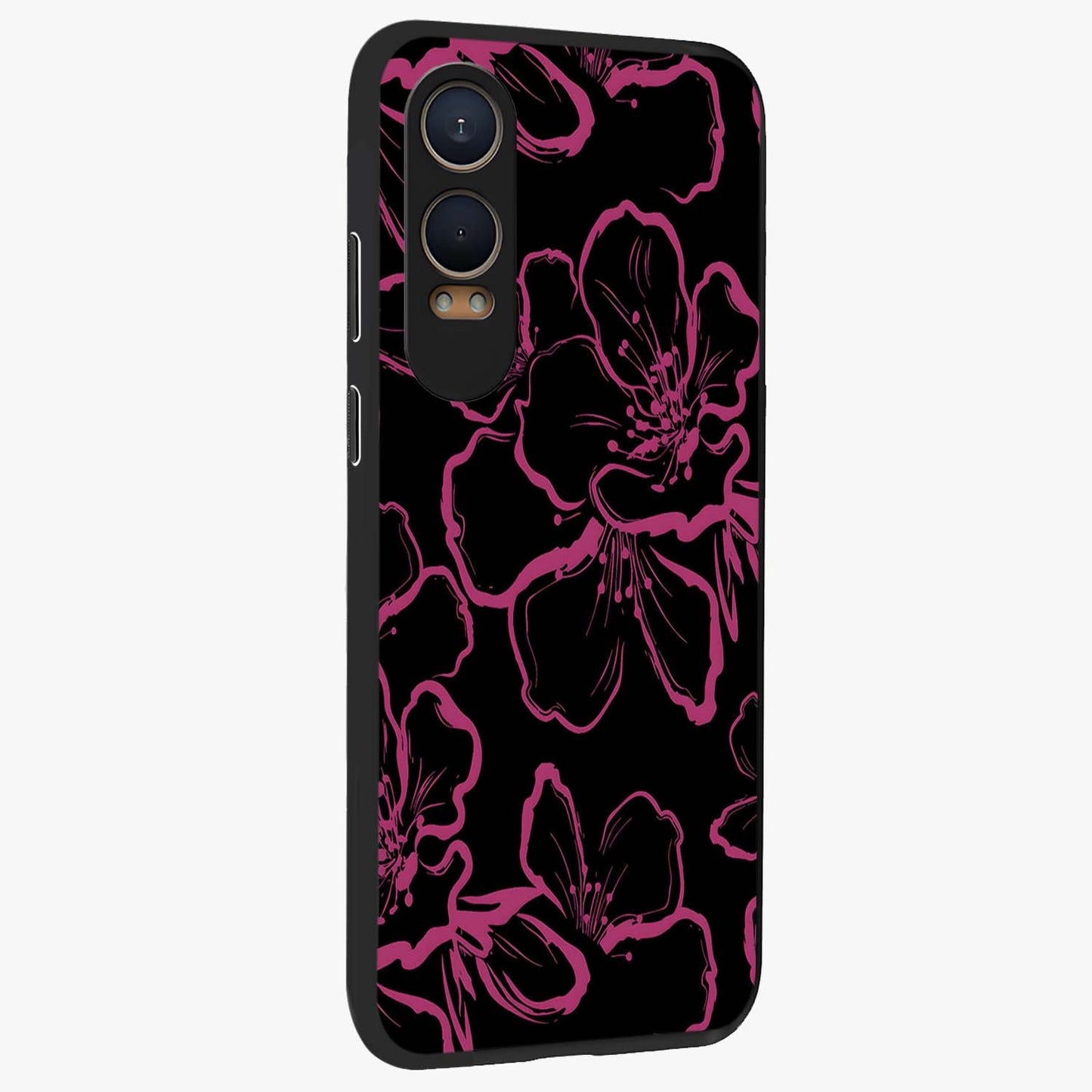 Black Violet Sketch Garden Glass Case for 1+Nord Ce 4 Lite side perspective highlighting elegant sketch detailing and premium finish