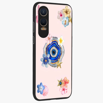 Blossom Evil Charm Glass Case for 1+Nord CE 4 Lite side perspective highlighting delicate blossom detailing and bold symbol contrast