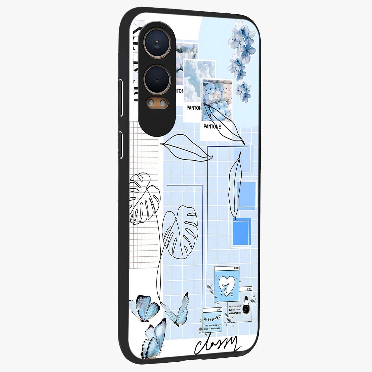 Blue Aesthetic Flower Glass Case for 1+Nord CE 4 Lite side perspective highlighting calming blue tones and premium detailing
