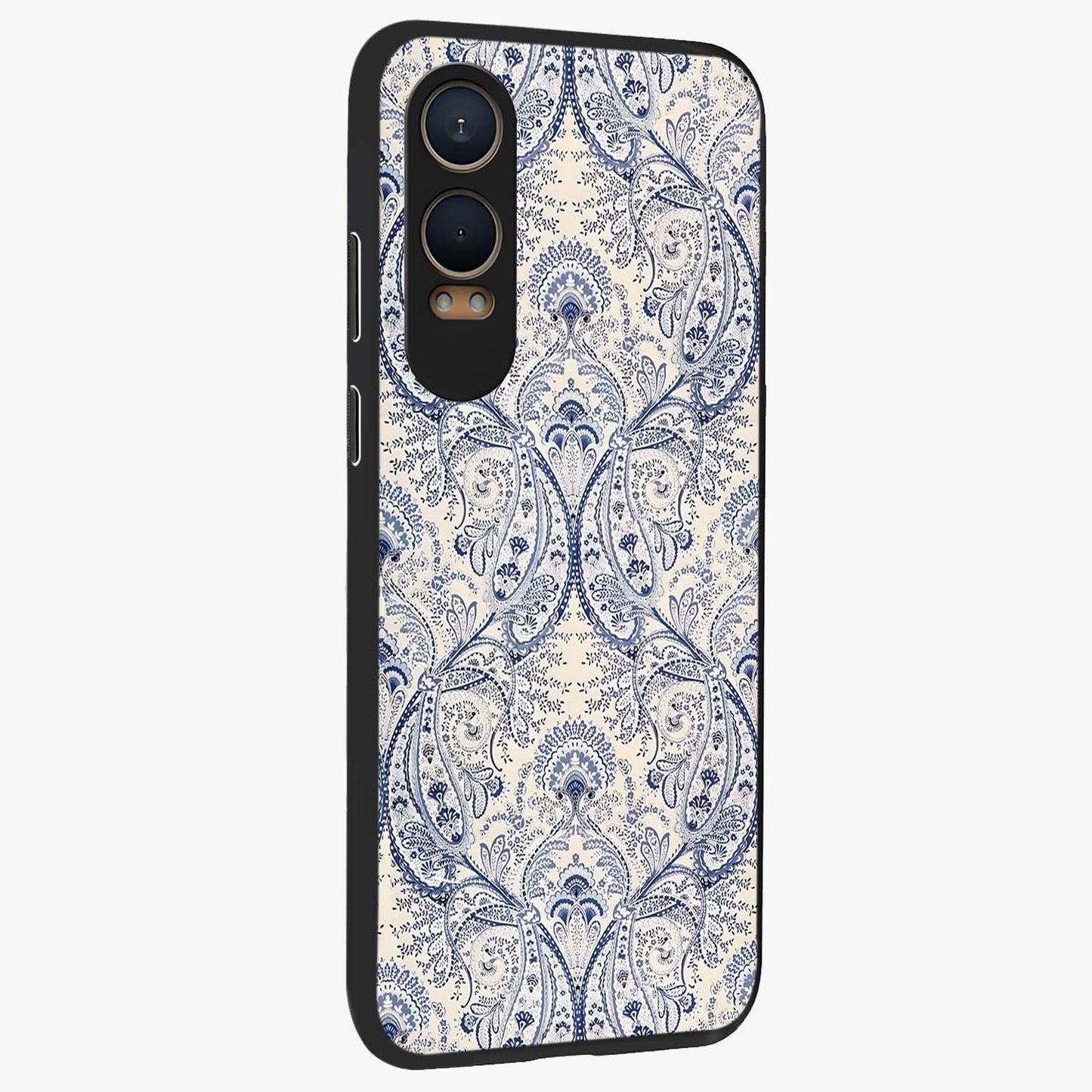 Blue Paisley Bloom Glass Case for 1+Nord CE 4 Lite side perspective highlighting elegant paisley textures and premium build