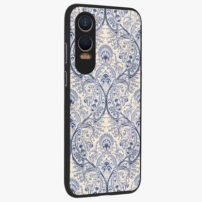 Blue Paisley Bloom Glass Case for 1+Nord CE 4 Lite side perspective highlighting elegant paisley textures and premium build