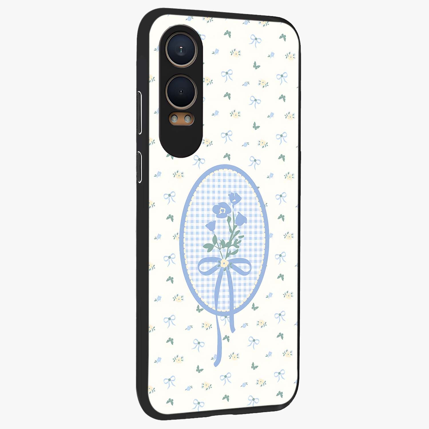 Blue Ribbon Bloom Glass Case for 1+Nord CE 4 Lite side perspective highlighting graceful floral design and premium edges