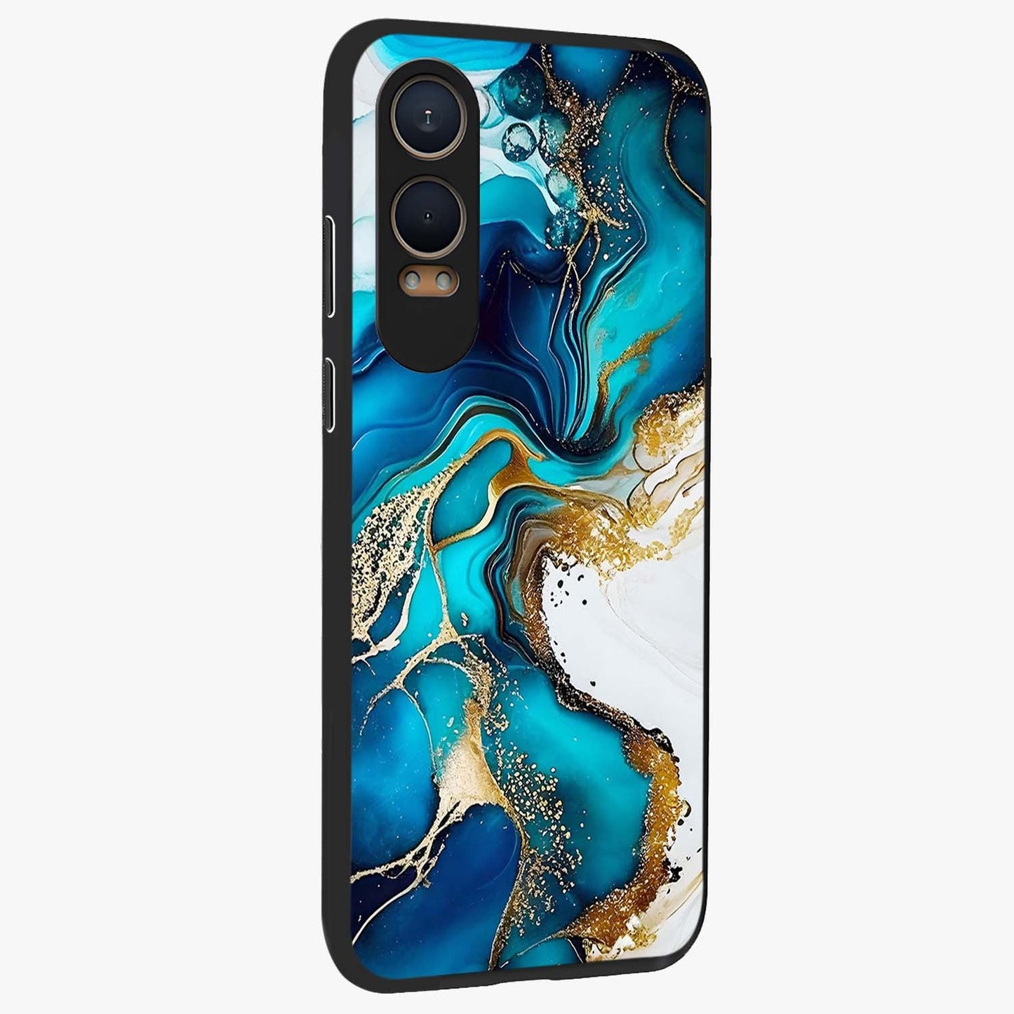 Blue and White Marble With Golden Viens Art Glass Case for 1+Nord Ce 4 Lite side perspective highlighting rich marble textures and elegant gold accents