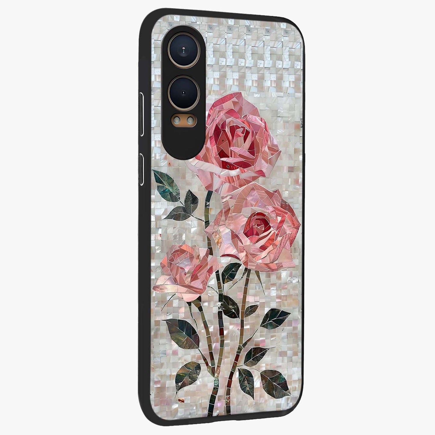 Blush Mosaic Bloom Glass Case for 1+Nord CE 4 Lite side perspective highlighting vibrant floral geometry and premium finish