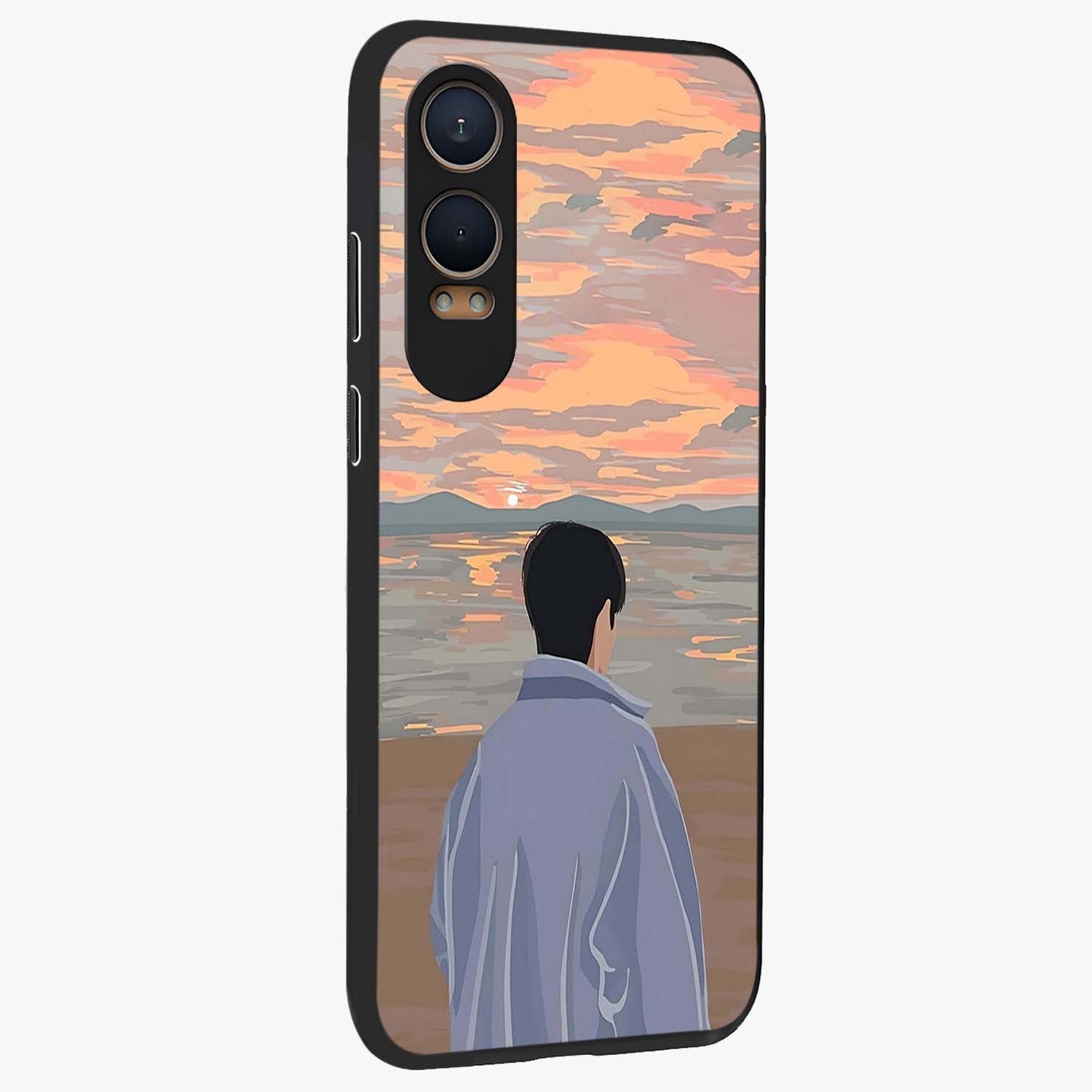 Boy Facing Sunset Beach Glass Case for 1+Nord CE 4 Lite side perspective highlighting calming sunset gradients and smooth edges
