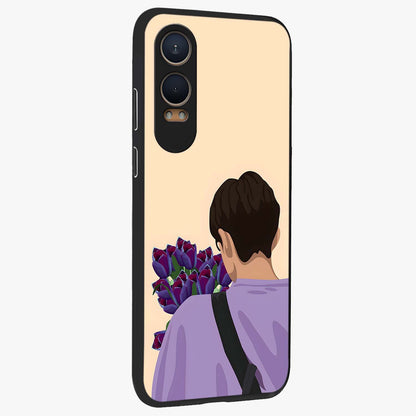 Boy Holding Flowers Glass Case for 1+Nord Ce 4 Lite side perspective highlighting delicate flower details and premium build