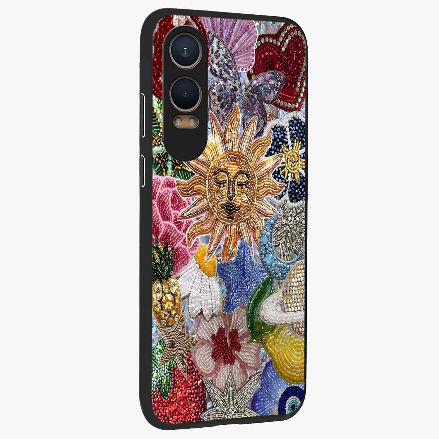 Celestial Floral and Playful Glass Case for 1+Nord CE 4 Lite side perspective highlighting playful bloom textures and smooth edges