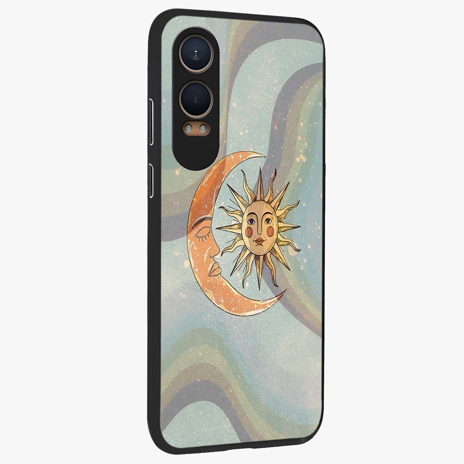Celestial Harmony Vibes Glass Case for 1+Nord CE 4 Lite side perspective highlighting harmonious detailing and sleek edges
