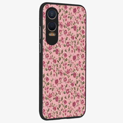 Charming Pink Floral Glass Case for 1+Nord CE 4 Lite side perspective highlighting subtle floral textures and smooth edges