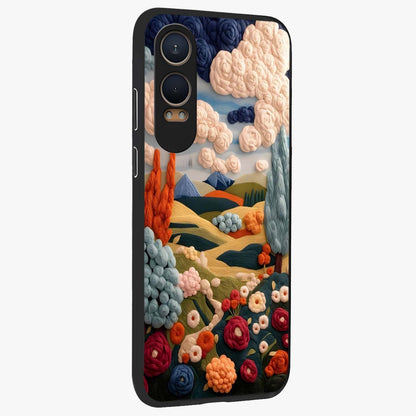 Cloud Cotton Meadows Printed Glass Case for 1+Nord CE 4 Lite side perspective highlighting smooth edges and delicate meadow detailing