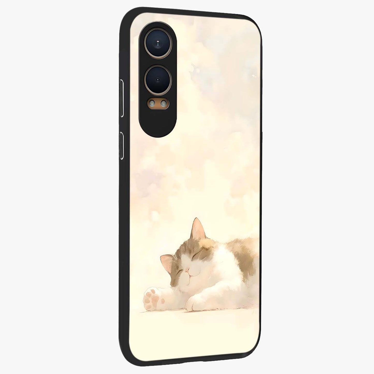 Cloud Nap Cat Glass Case for 1+Nord CE 4 Lite side perspective highlighting charming feline details and premium edge finish