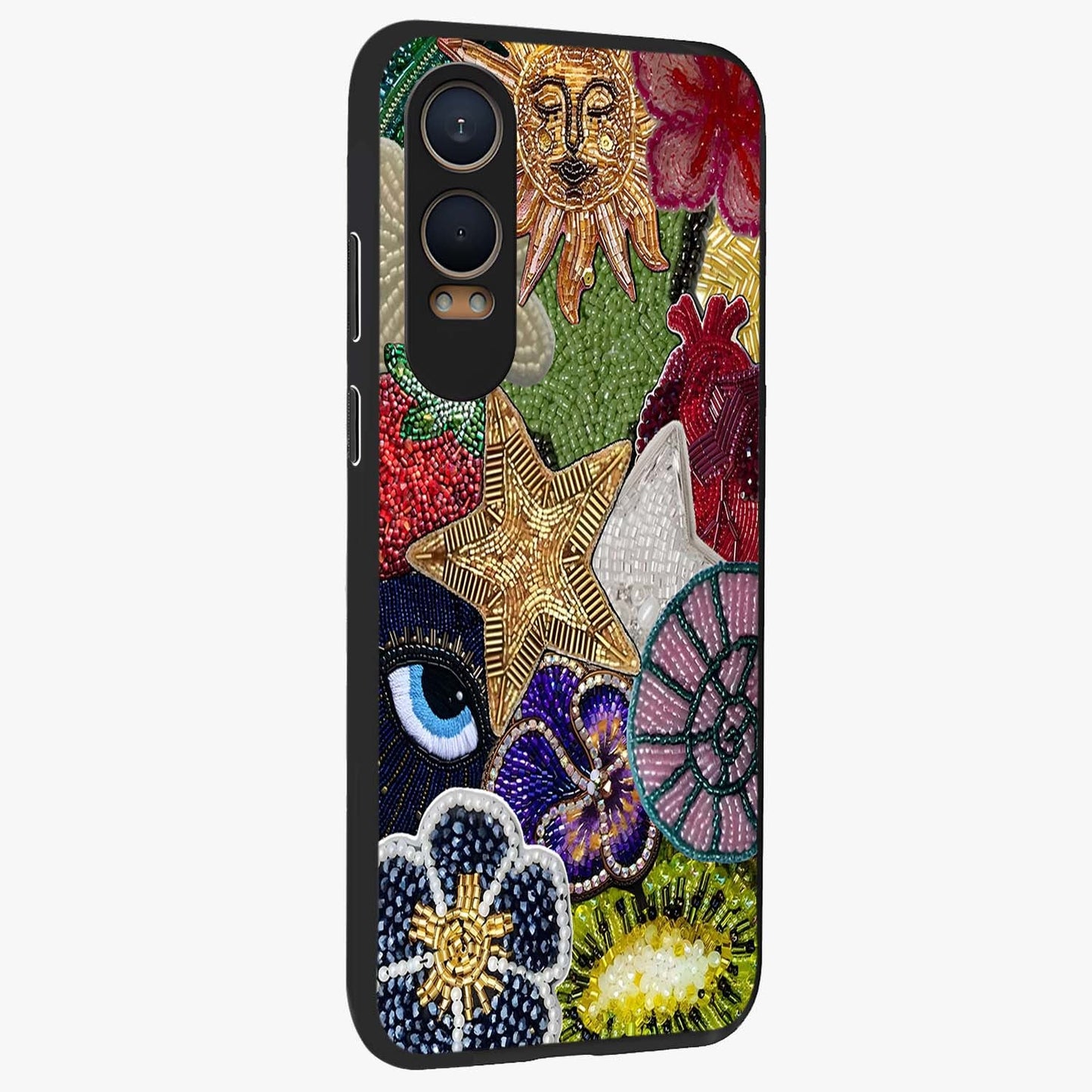 Cosmic Charm Shine Glass Case for 1+Nord CE 4 Lite side perspective highlighting luminous detailing and sleek edge design