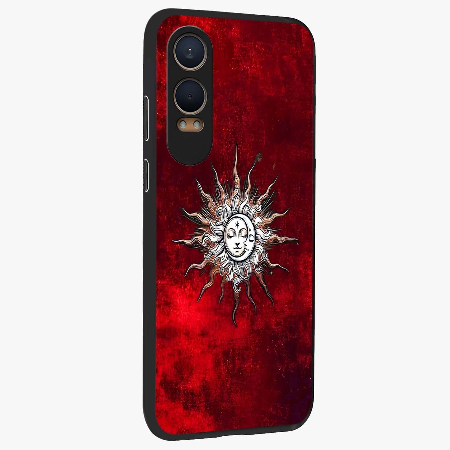 Cosmic Twin Eclipse Glass Case for 1+Nord CE 4 Lite side perspective highlighting eclipse detailing and premium smooth build