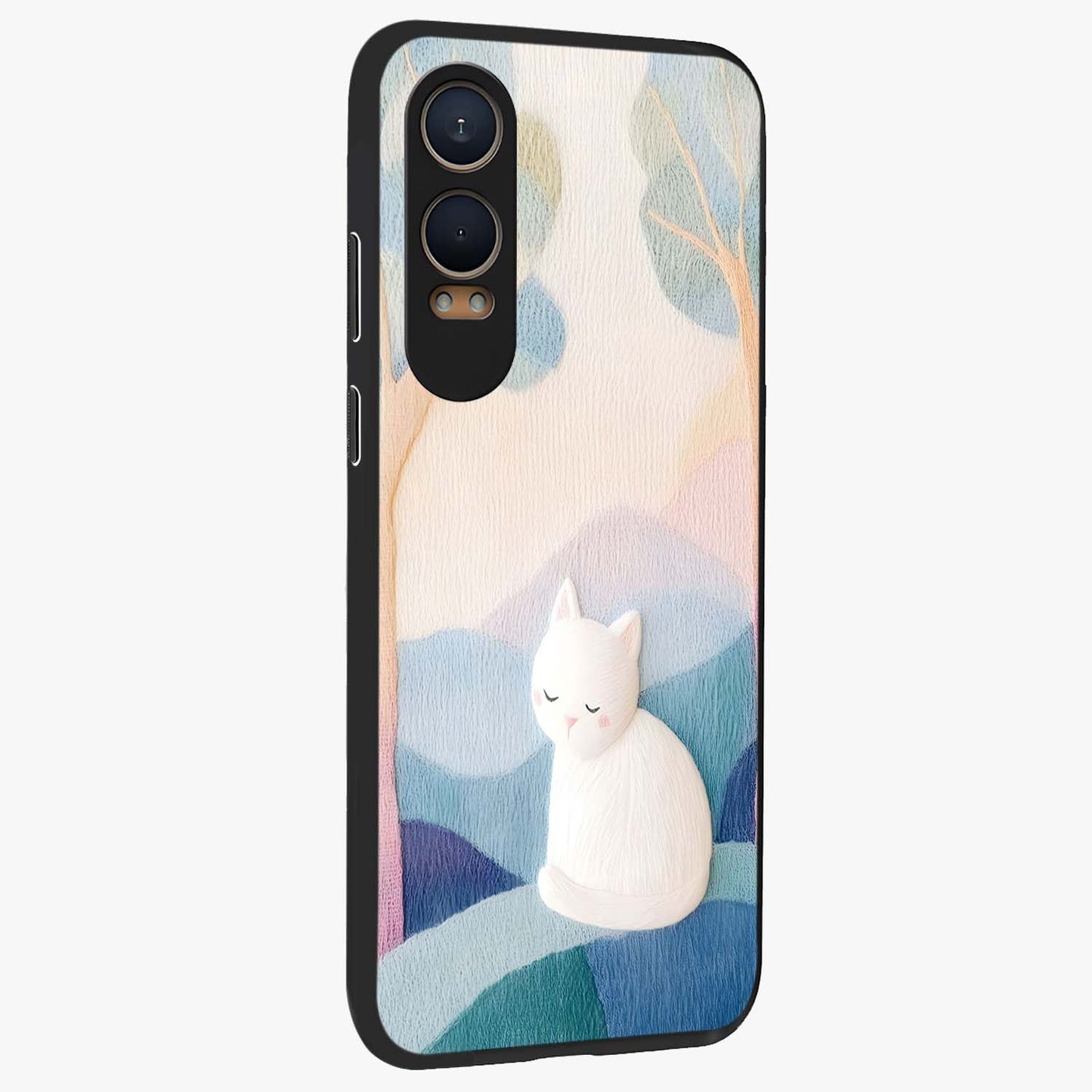 Cotton Dream Cat Glass Case for 1+Nord CE 4 Lite side perspective highlighting cute feline details and smooth premium edges