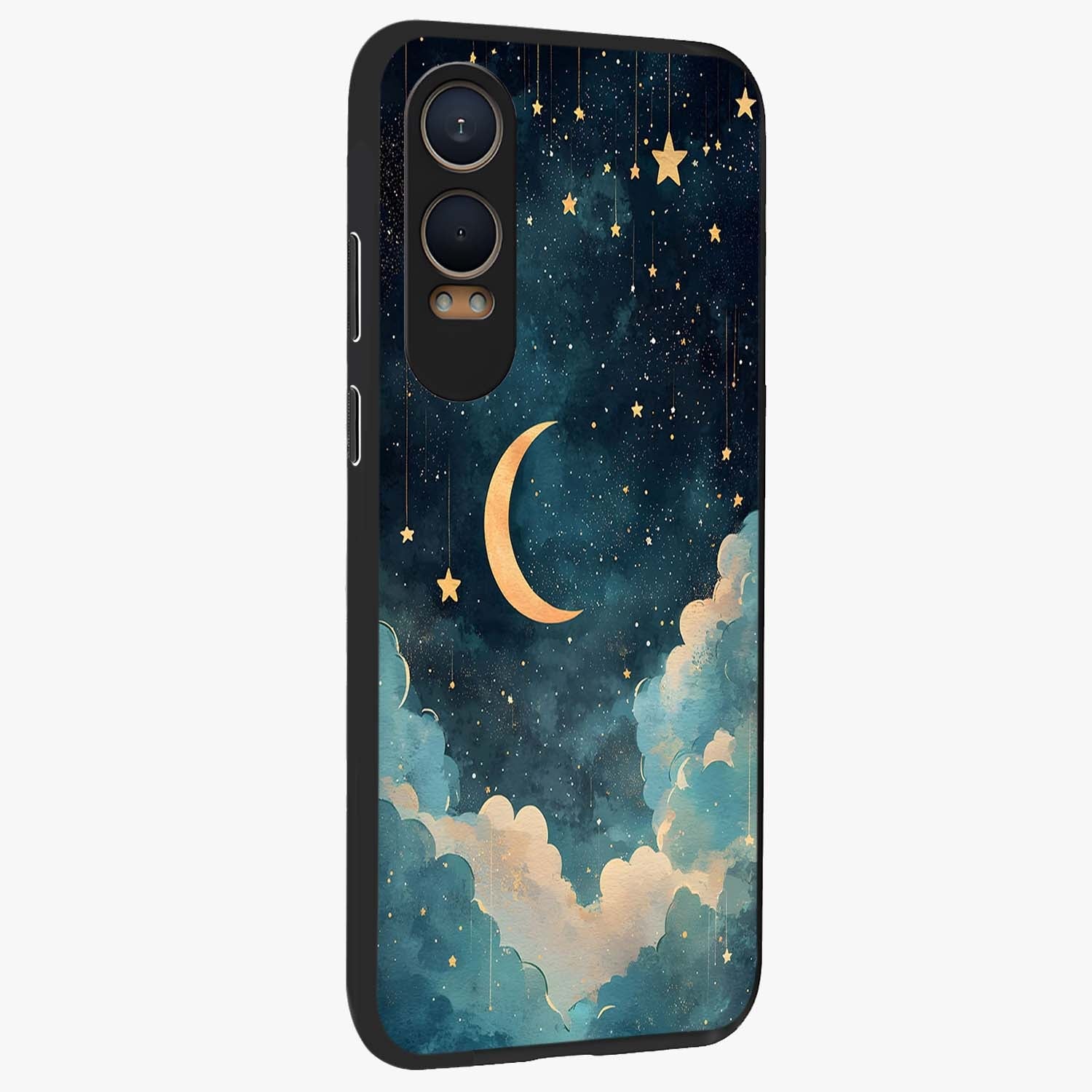 Crescent Galaxy Moon Glass Case for 1+Nord CE 4 Lite side perspective highlighting luminous moon details and premium build