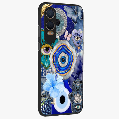 Crimson Evil Eye Charm Glass Case for 1+Nord CE 4 Lite side perspective highlighting intricate charm design and smooth edges