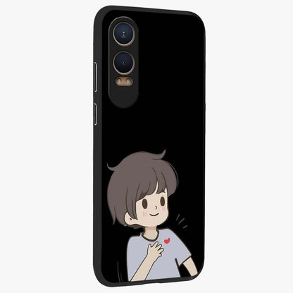 Cute Boy Heart Reaction Glass Case for 1+Nord Ce 4 Lite side perspective highlighting expressive illustration details and premium edges