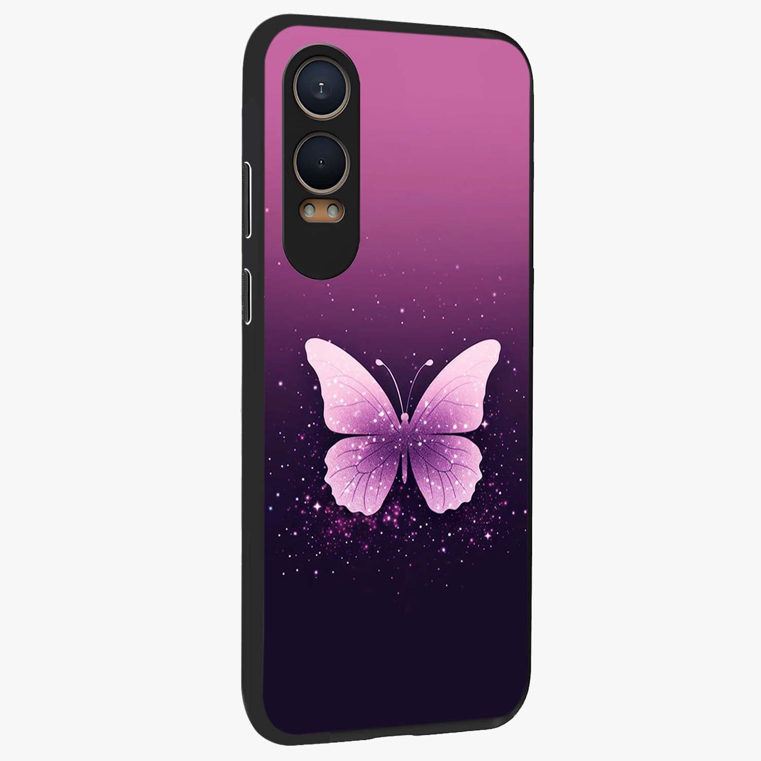 Cute Starry Butterfly Glass Case for 1+Nord Ce 4 Lite side perspective highlighting glowing star details and sleek edge finish