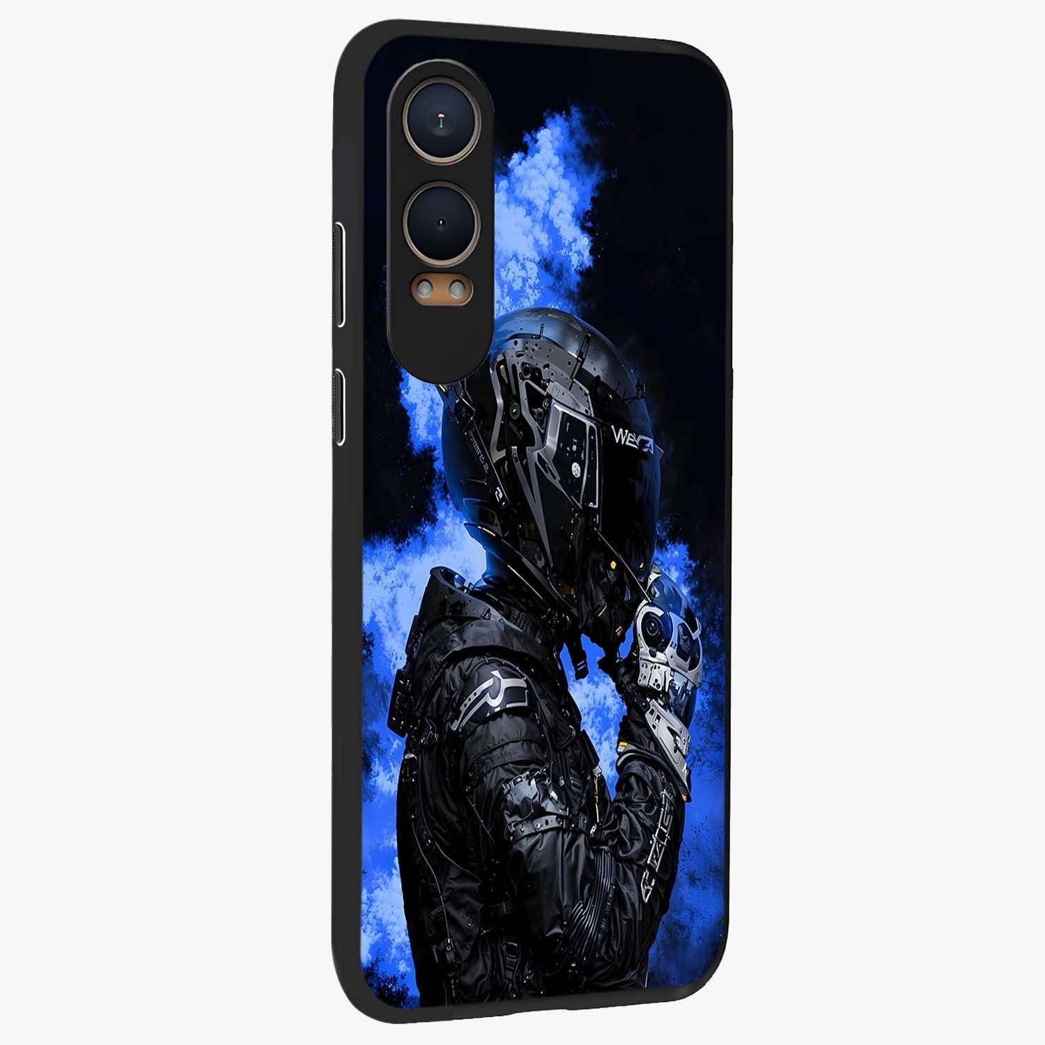Cyber Sentinel Protocol Glass Case for 1+Nord CE 4 Lite side perspective highlighting sharp digital textures and premium build