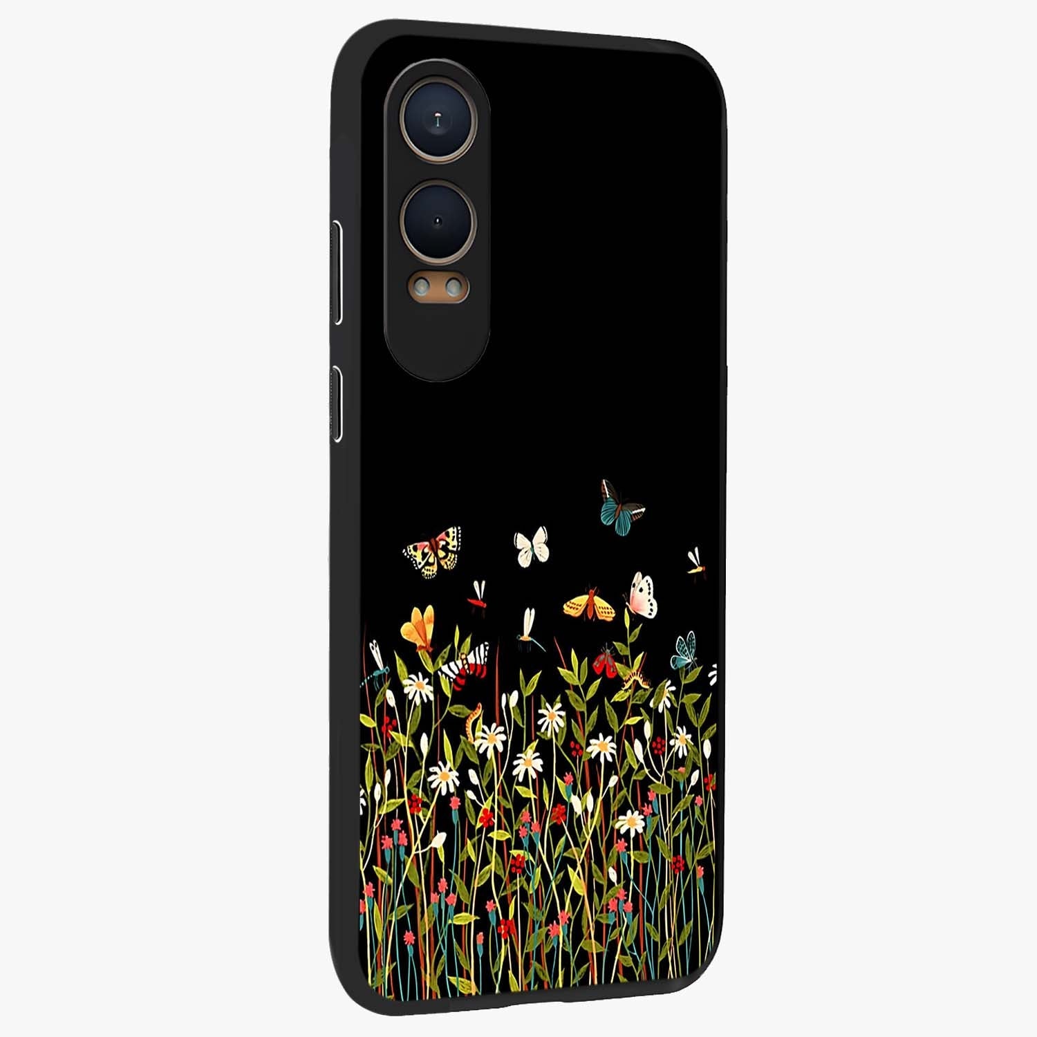 Dark Bloom Wonderland Custom Name Glass Case for 1+Nord CE 4 Lite side perspective highlighting custom typography detailing and smooth edges
