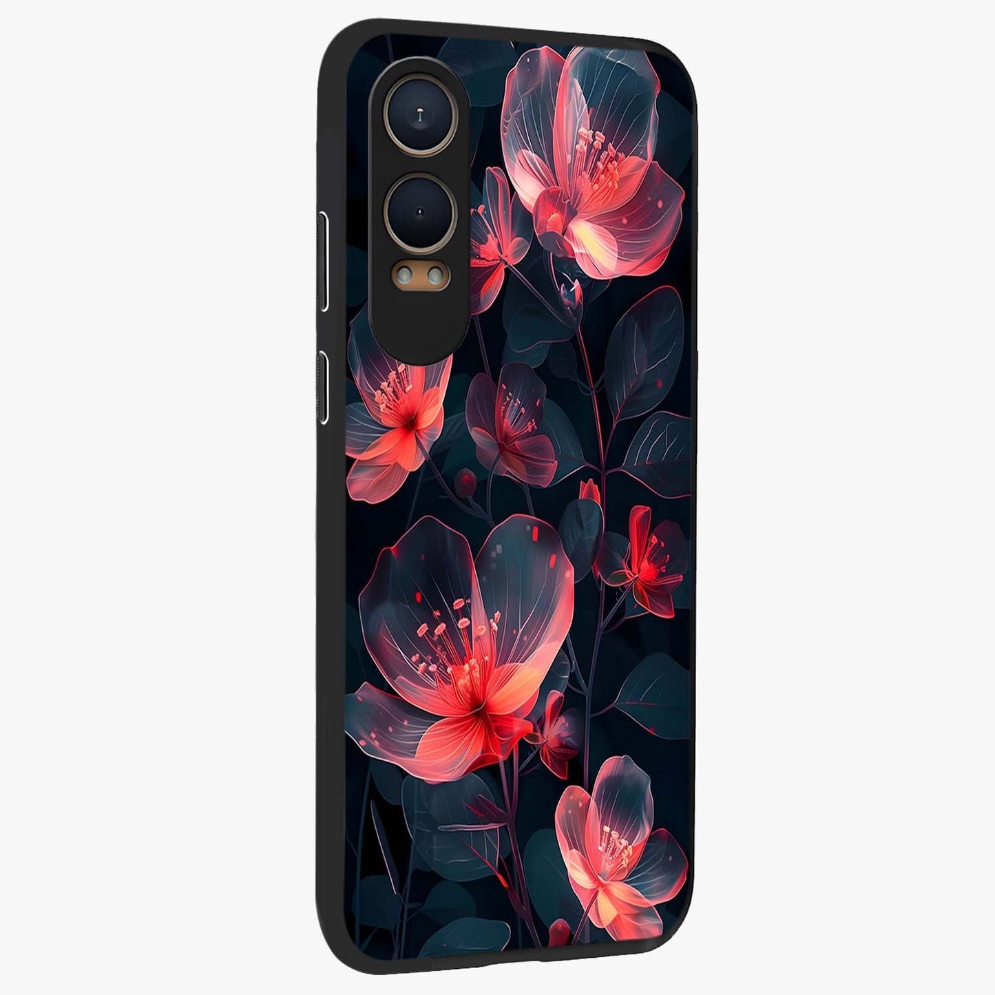 Dark Shade of Flower Glass Case for 1+Nord Ce 4 Lite side perspective highlighting elegant dark floral textures and sleek build