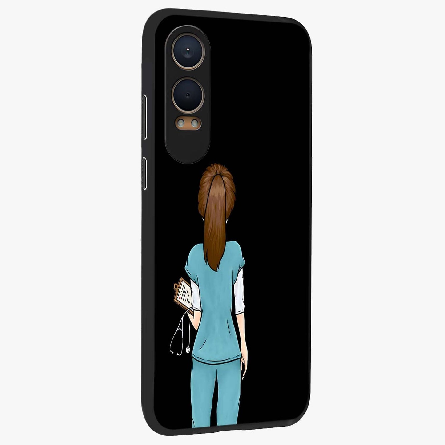 Doctor Pattern Custom Name Glass Case for 1+Nord CE 4 Lite side perspective highlighting custom typography and smooth premium edges
