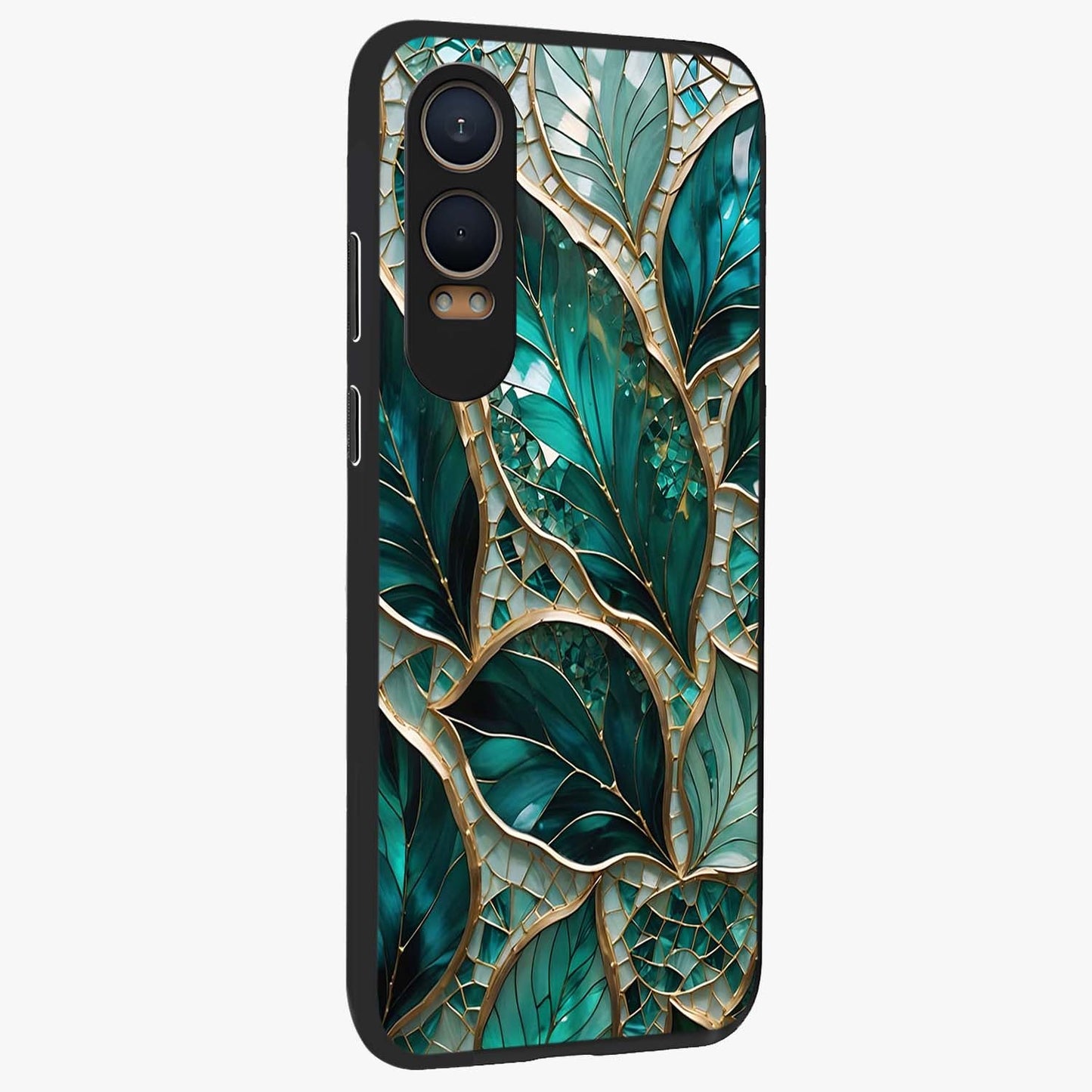 Emerald Leaf Glass Case for 1+Nord CE 4 Lite side perspective highlighting refined leaf textures and sleek build
