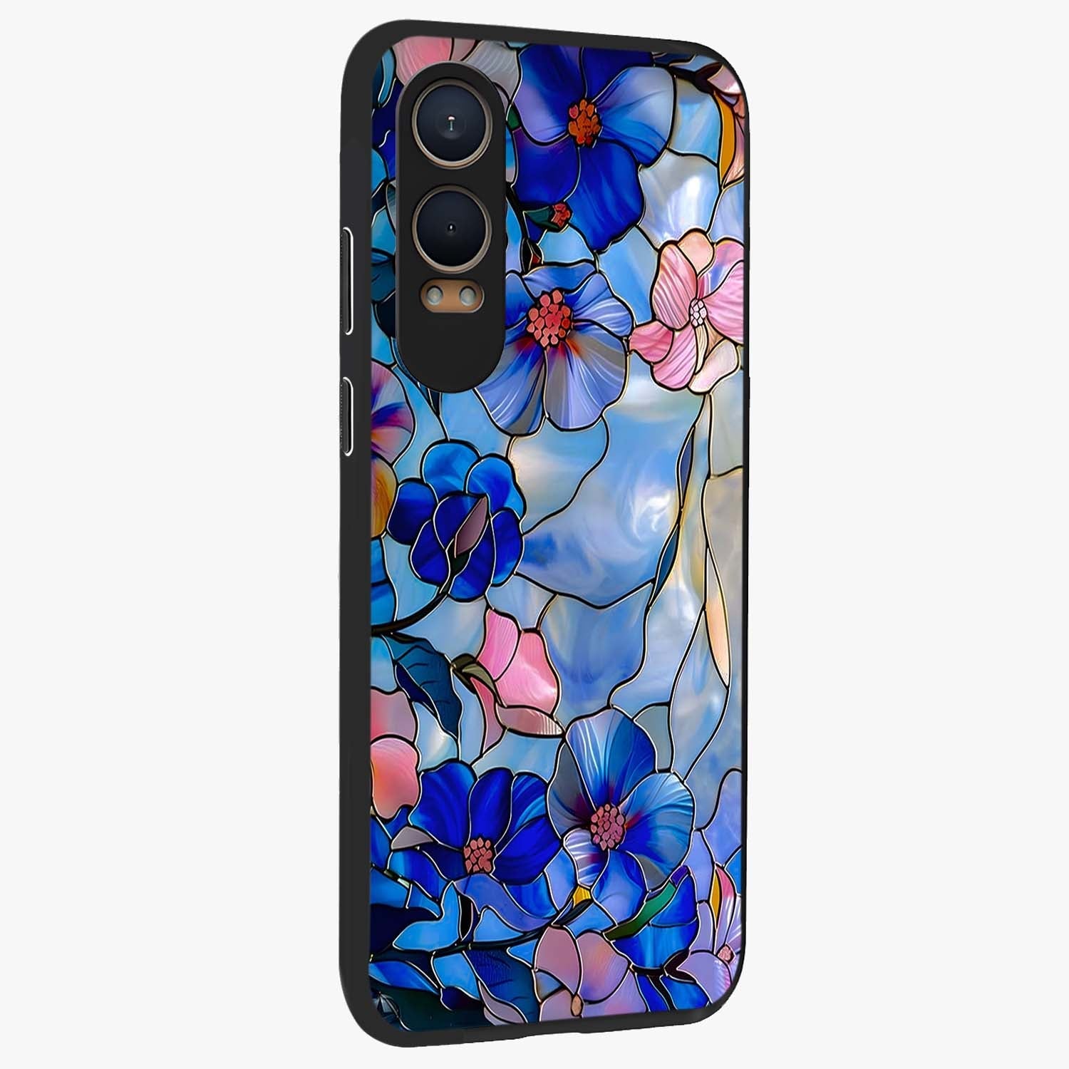 Eternal Floral Stained Glass Case for 1+Nord CE 4 Lite side perspective highlighting colorful floral detailing and premium edge finish