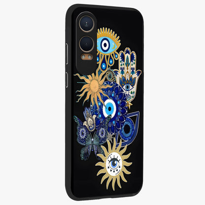 Evil Eye Charm Vibes Glass Case for 1+Nord CE 4 Lite side perspective highlighting vibrant textures and premium edge finish