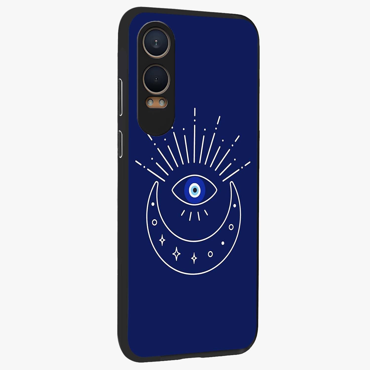 Evil Eye With Blue Themed Collage Glass Case for 1+Nord CE 4 Lite side perspective highlighting bold collage detailing and smooth edges