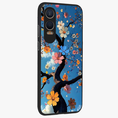 Floral Tree Glass Case for 1+Nord CE 4 Lite side perspective highlighting vibrant floral patterns and sleek edges