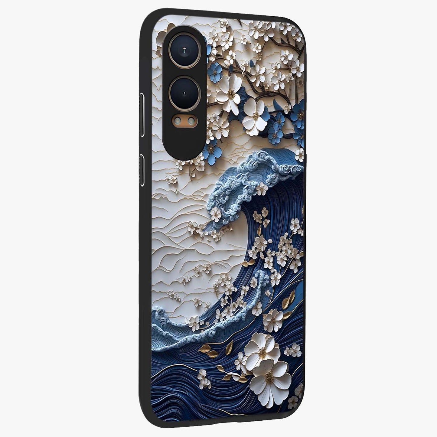 Floral Wave Origami Glass Case for 1+Nord CE 4 Lite side perspective highlighting sharp origami textures and sleek premium edges