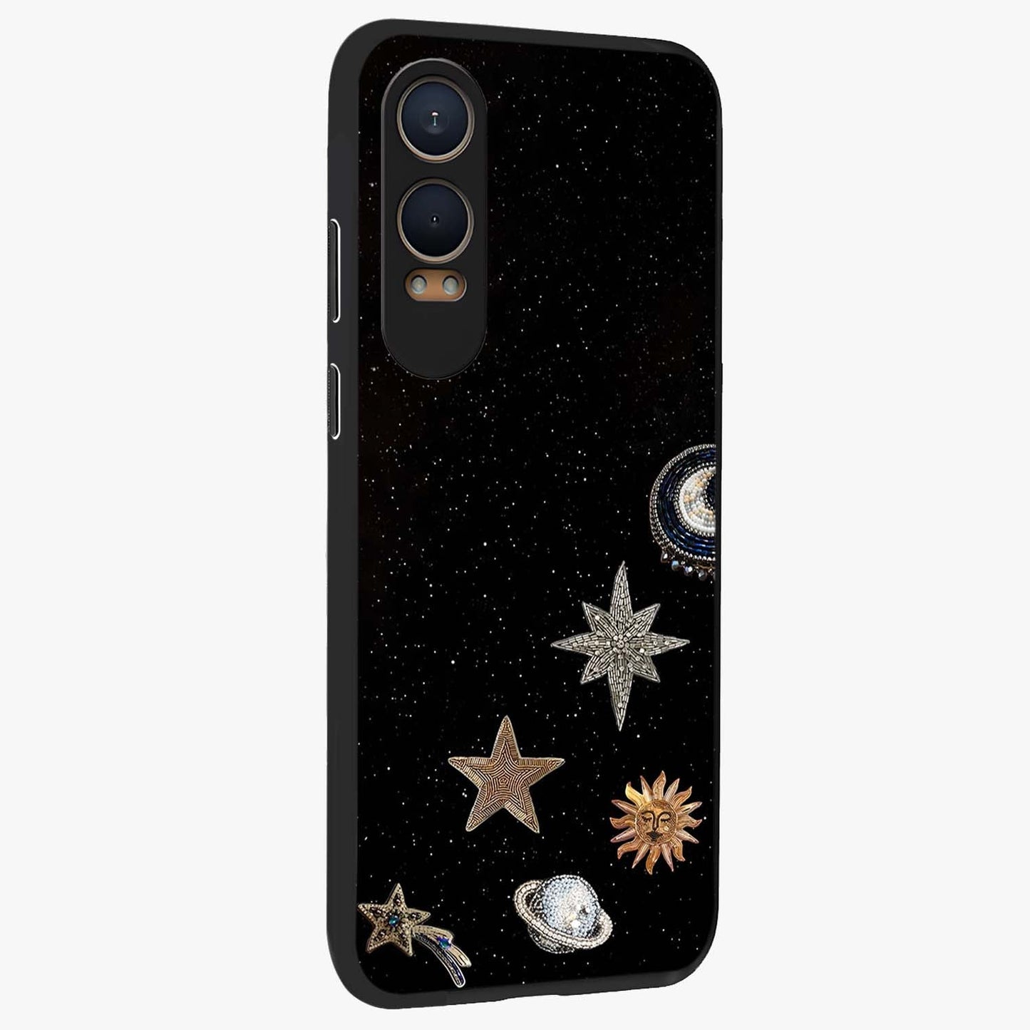 Galactic Charm Glow Glass Case for 1+Nord CE 4 Lite side perspective highlighting vibrant star detailing and sleek premium edges