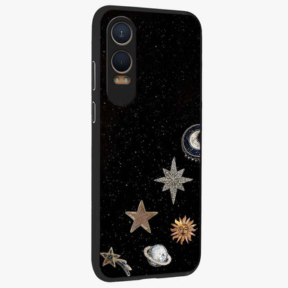 Galactic Charm Glow Glass Case for 1+Nord CE 4 Lite side perspective highlighting vibrant star detailing and sleek premium edges