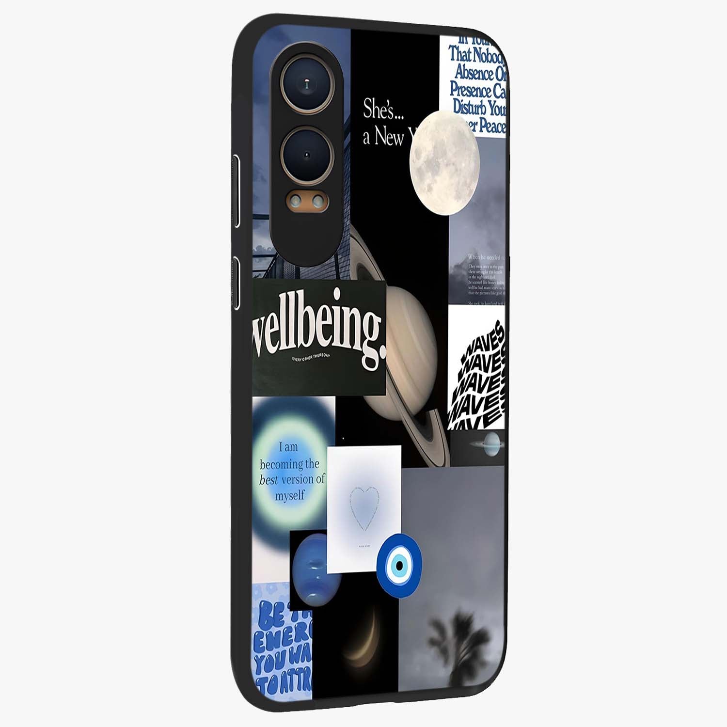 Galactic Energy Collage Glass Case for 1+Nord CE 4 Lite side perspective highlighting bold abstract detailing and sleek build