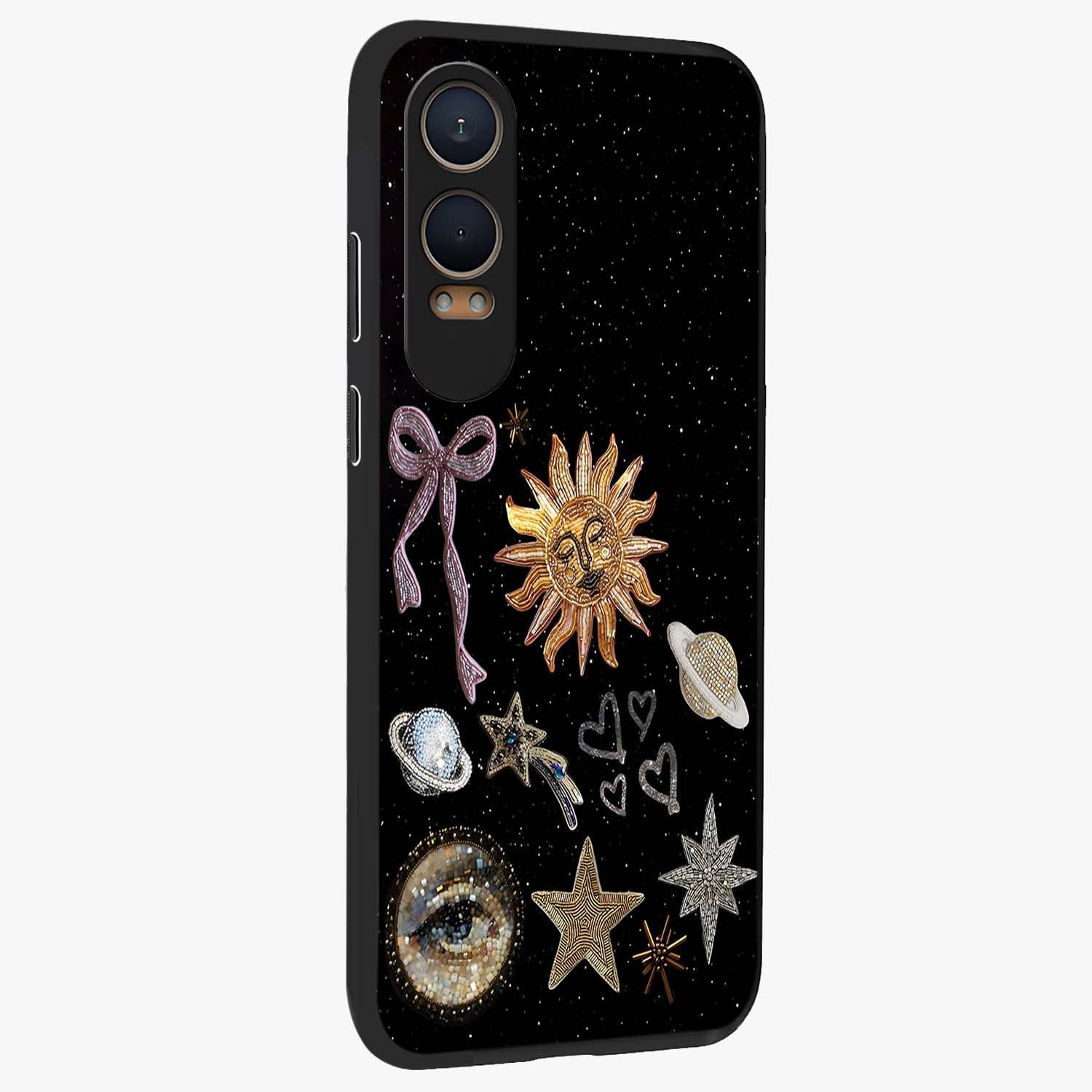 Galactic Sun Charm Glass Case for 1+Nord CE 4 Lite side perspective highlighting glowing sun detailing and premium edge finish