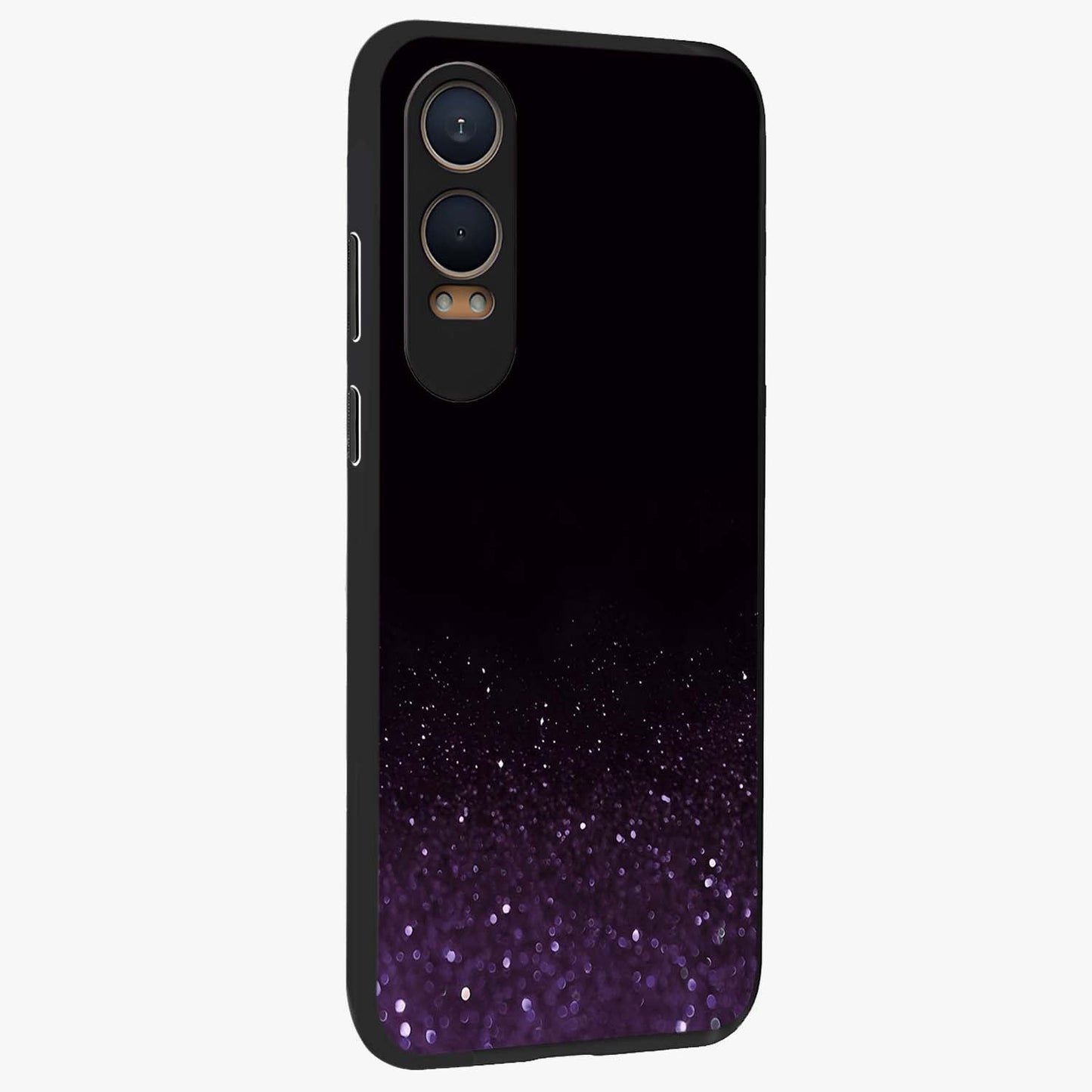 Glittery Purple Bokeh Glass Case for 1+Nord CE 4 Lite side perspective highlighting glowing textures and sleek premium edges
