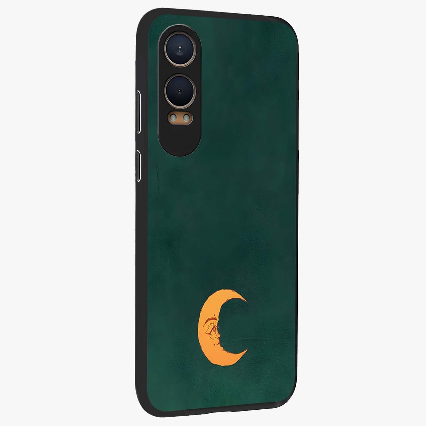 Golden Crescent Mood Glass Case for 1+Nord CE 4 Lite side perspective highlighting elegant crescent detailing and smooth build