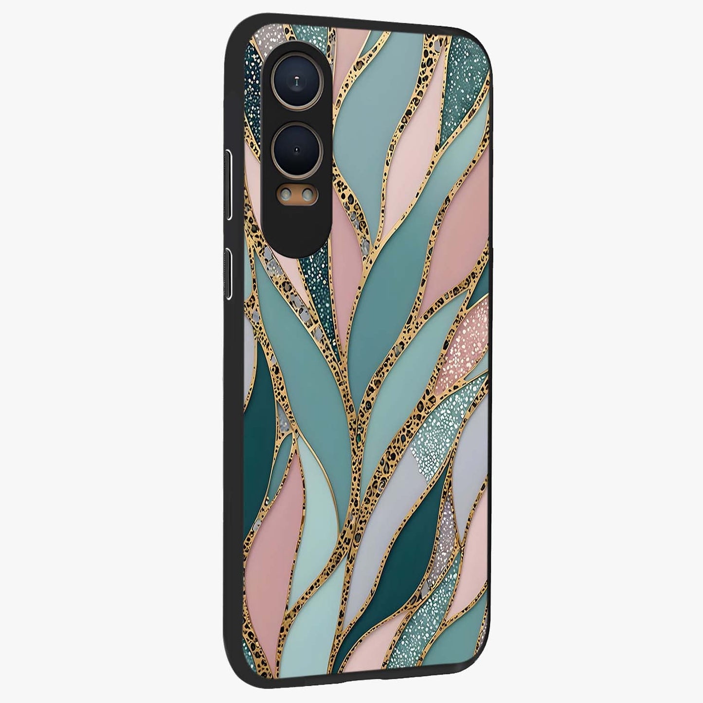 Golden Leaf Dreams Glass Case for 1+Nord CE 4 Lite side perspective highlighting delicate leaf textures and smooth build