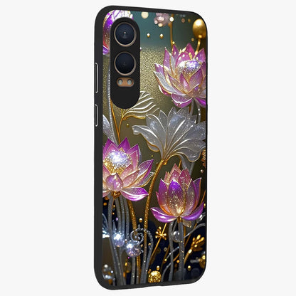 Golden Lotus Glow Glass Case for 1+Nord CE 4 Lite side perspective highlighting intricate lotus detailing and premium edge finish