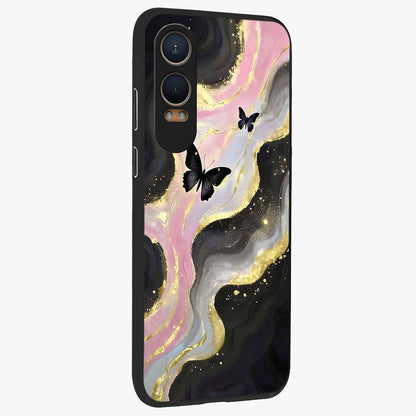 Golden Mist Butterflies Glass Case for 1+Nord CE 4 Lite side perspective highlighting delicate wing textures and premium edges
