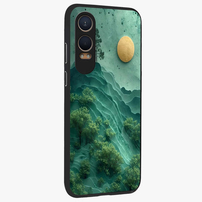 Green Hills With Sun Glass Case for 1+Nord CE 4 Lite side perspective highlighting serene landscape textures and premium build