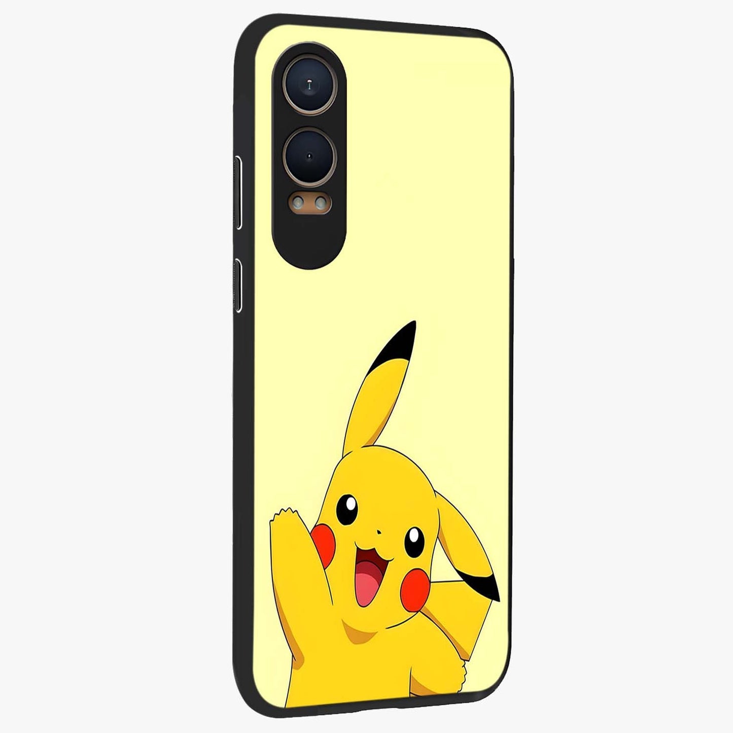 Happy Electric Pikachu Glass Case for 1+Nord CE 4 Lite side perspective highlighting lively character detailing and sleek build
