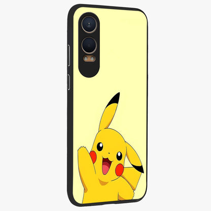 Happy Electric Pikachu Glass Case for 1+Nord CE 4 Lite side perspective highlighting lively character detailing and sleek build
