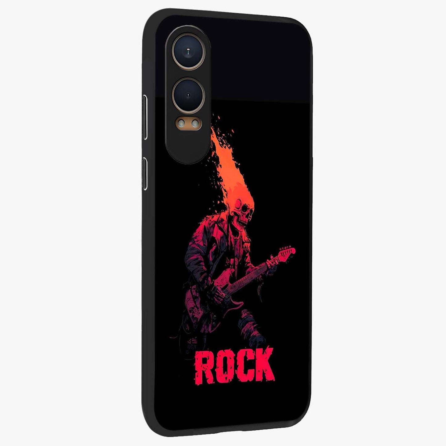 Hellfire Rock Anthem Glass Case for 1+Nord CE 4 Lite displayed upright for powerful statement visibility and premium finish.