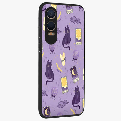 Humble Magic Cats Glass Case for 1+Nord CE 4 Lite displayed upright for cute mystical visibility and premium finish.
