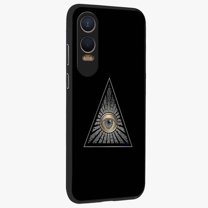 Illuminati Evil Glass Case for 1+Nord CE 4 Lite displayed upright for mysterious statement visibility and premium finish.