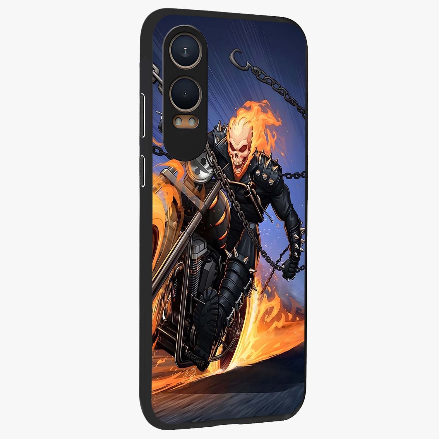 Inferno Chain Rider Glass Case for 1+Nord Ce 4 Lite displayed upright for bold action visibility and premium finish.