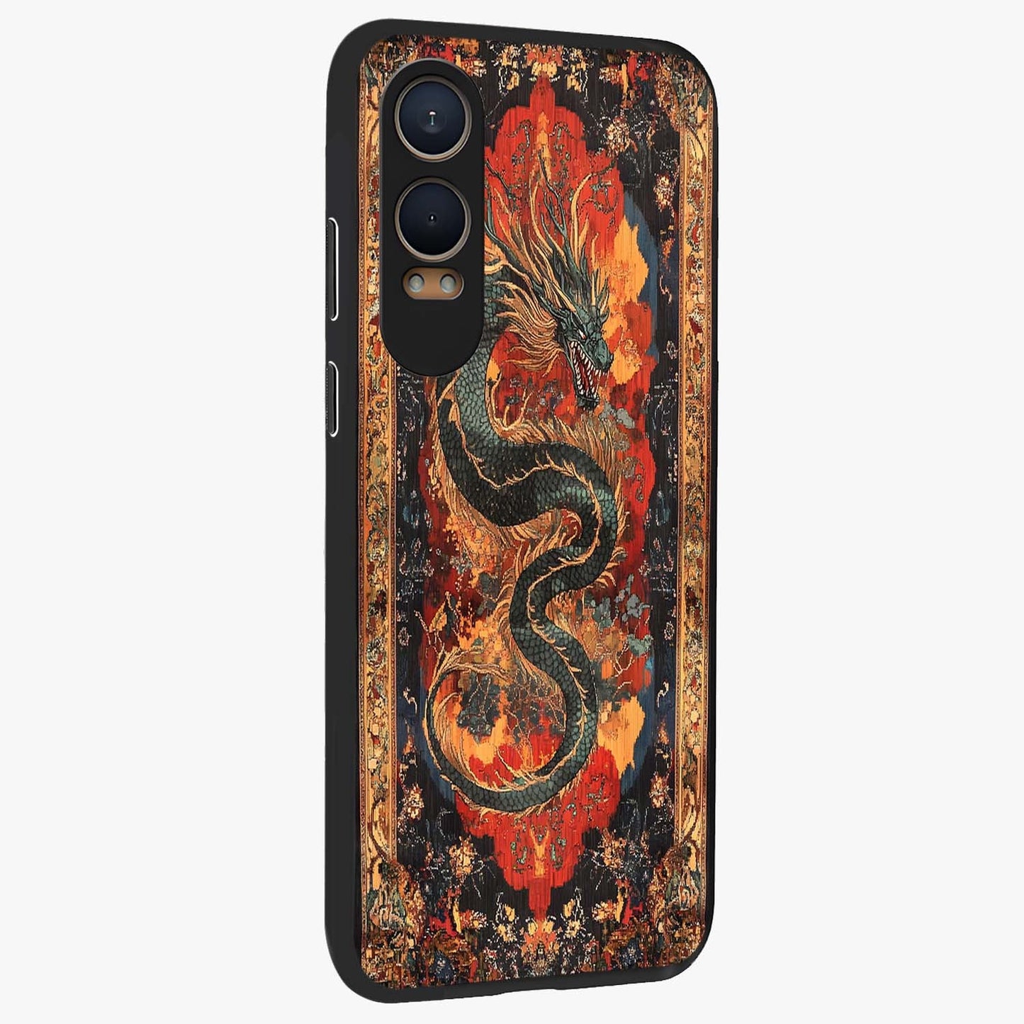 Inferno Dragon Soul Glass Case for 1+Nord CE 4 Lite displayed upright for powerful mythical visibility and premium finish.
