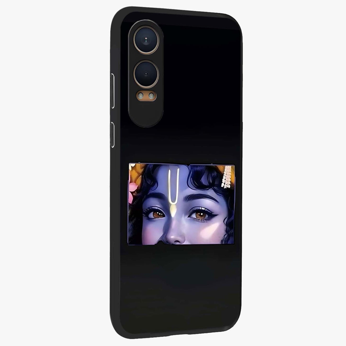 Krishna Divine Embrace Glass Case for 1+Nord CE 4 Lite side perspective highlighting intricate divine illustration and premium edges